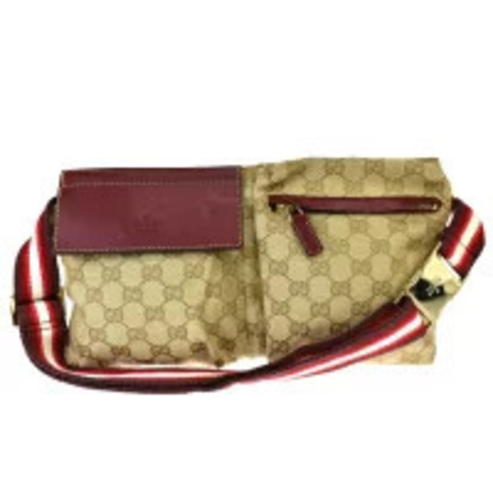 Gucci Sherry Waist Pouch Clutch Bag GG Beige Red Canvas Leather